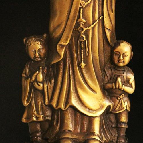 纯黄铜送子观音佛像供奉家用菩萨站像抱童子求子平安风水摆件
