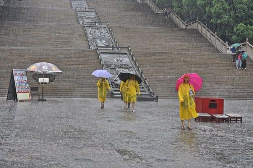 时值雨季,无锡灵山大佛脚下,瓢泼大雨中,拜佛祈福的年轻人.